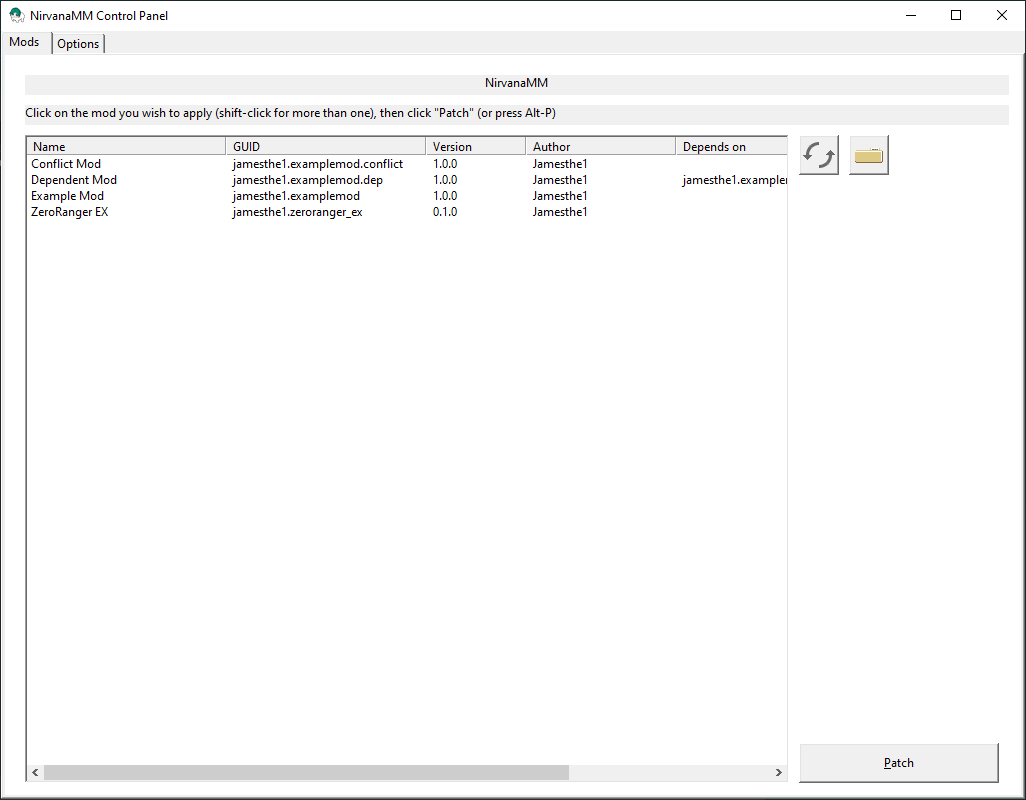 A screenshot of the application. There are a list of mods in the main window, two tabs, and a "Patch" button.